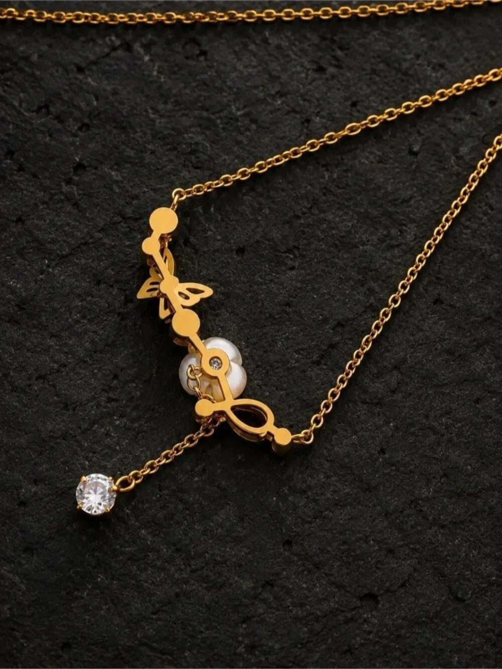 Gold Flower and Butterfly Lariat Necklace with White Enamel